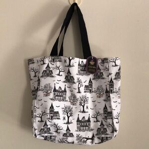 Haunted House Print Canvas Tote Bag - Black and White